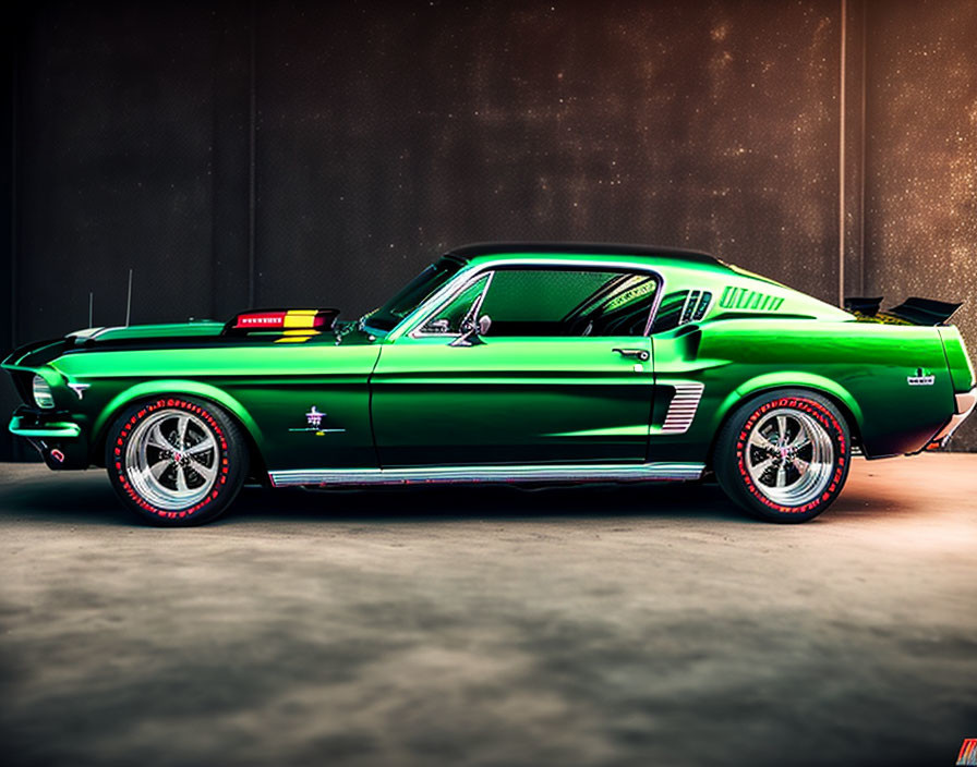 Vintage Green Ford Mustang with Racing Stripes and Chrome Wheels