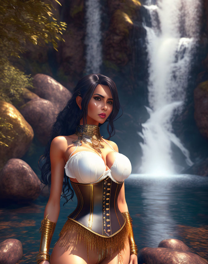 Fantasy character in golden armor by waterfall