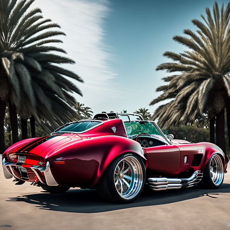 Red Vintage Convertible Sports Car Parked Under Palm Trees on Clear Blue Sky