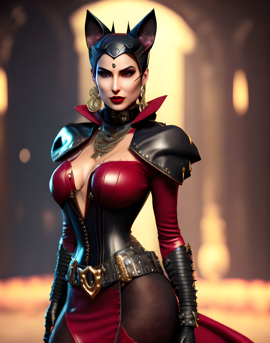 Stylized female character with cat-inspired features in red and black costume against warm backdrop