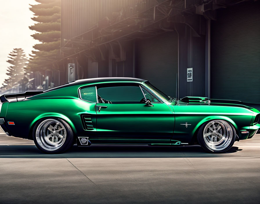 Classic Green Muscle Car with Chrome Wheels Parked Near Building