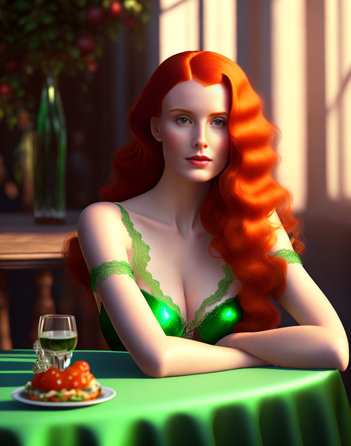 Red-haired woman enjoys wine and food in sunlight at table