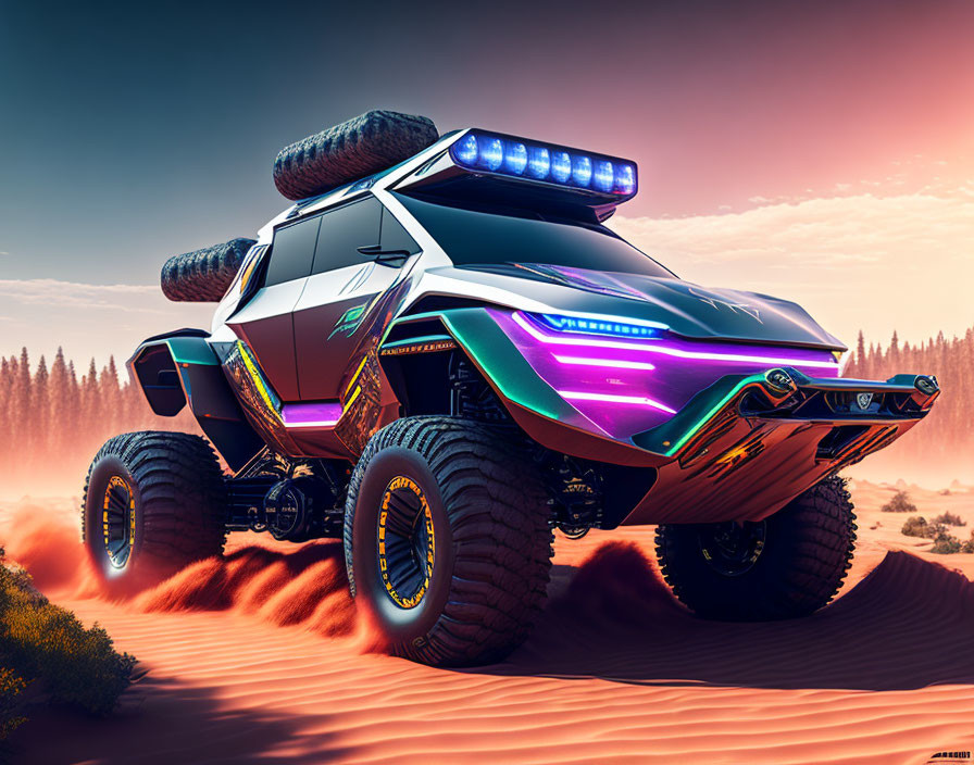 Futuristic monster truck with neon accents in desert terrain