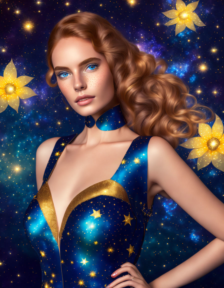 Illustrated woman with wavy hair and starry dress in cosmic setting