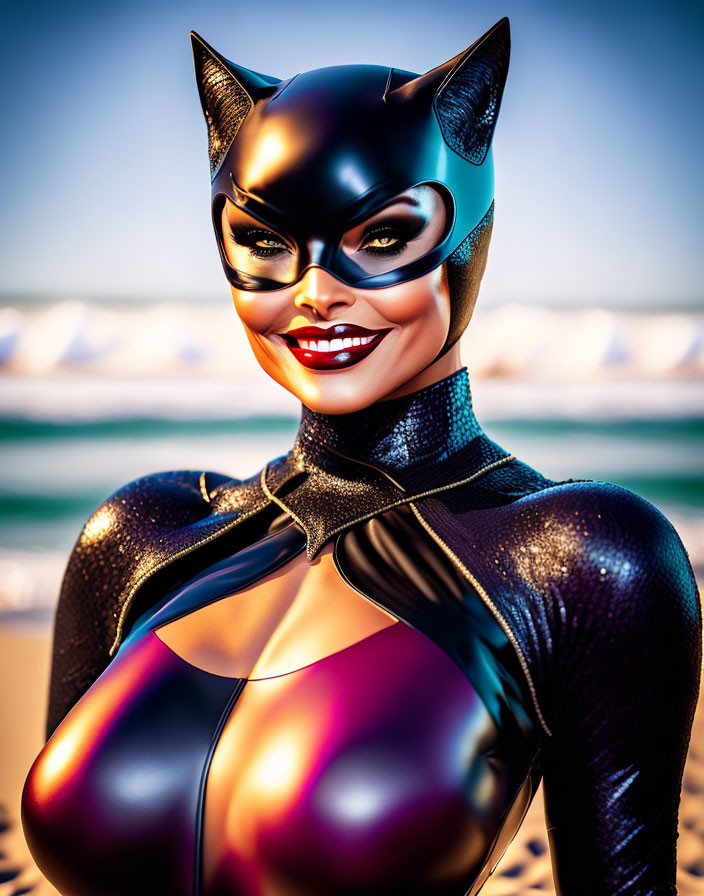 Sleek Catwoman costume on beach background