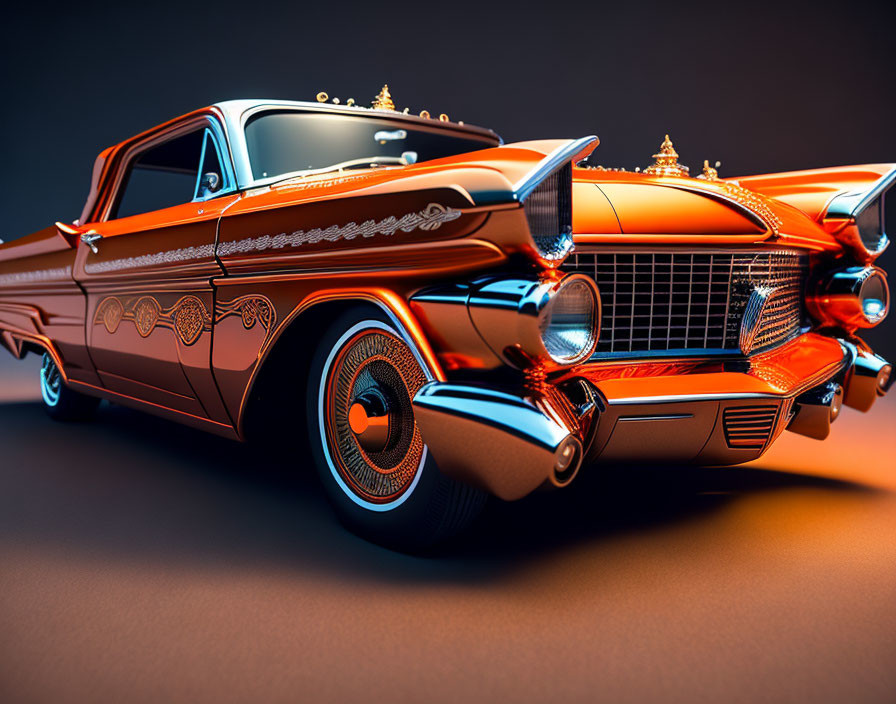 Vintage orange car with ornate details and white-walled tires on dark background