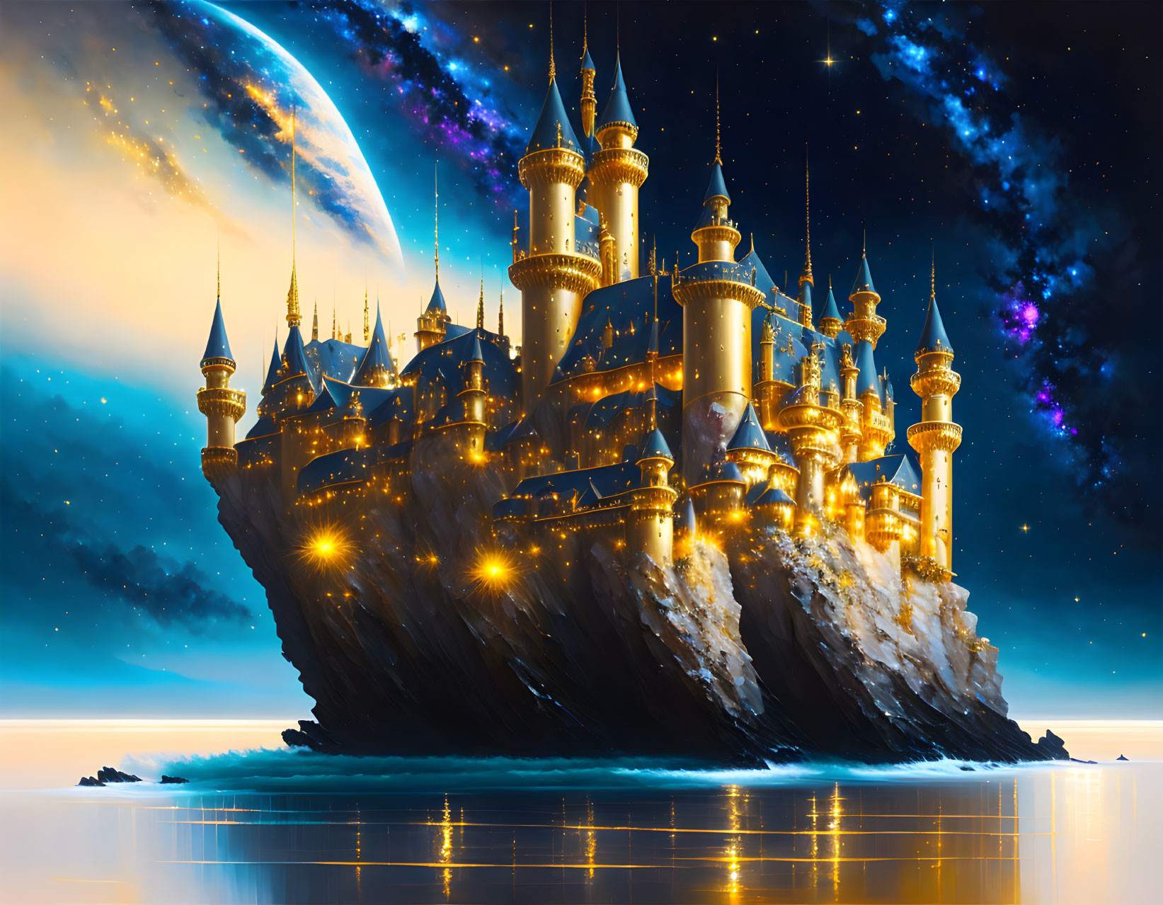 Fantastical castle on illuminated floating rock under starry night sky