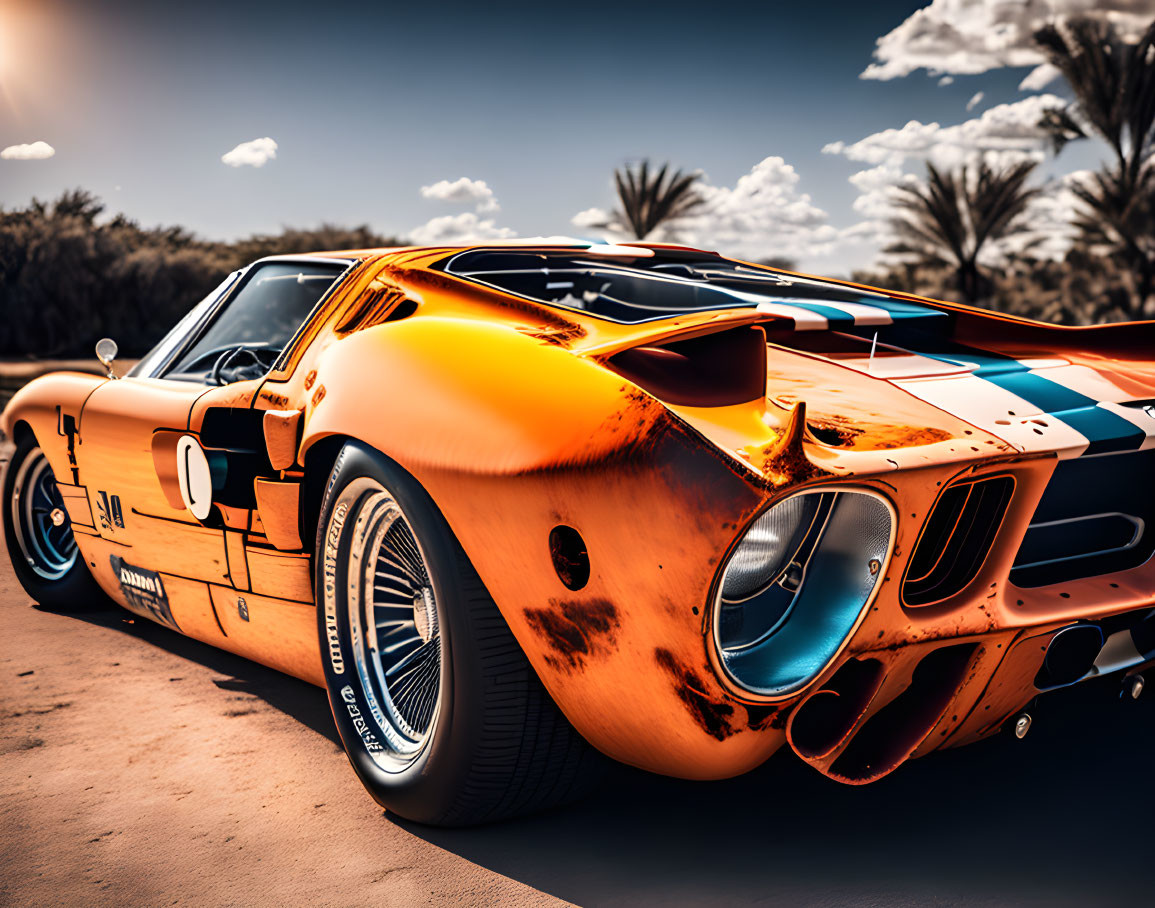 Vintage orange race car with "0" decals under sunny sky displays sleek design & chrome details