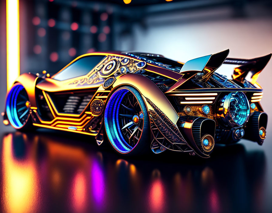 Futuristic car with intricate metallic detailing and glowing blue accents