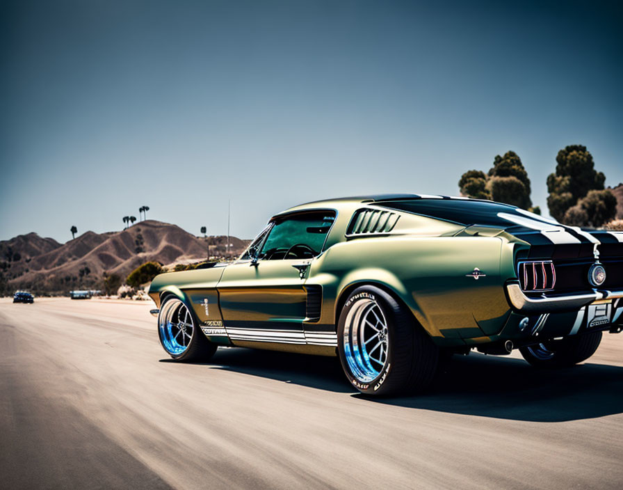 Vintage Green Mustang with Racing Stripes on Open Road