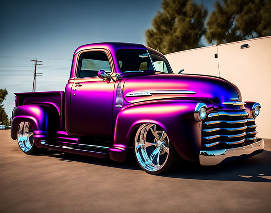 Customized Purple Truck with Glossy Finish and Chrome Wheels parked under Clear Blue Sky