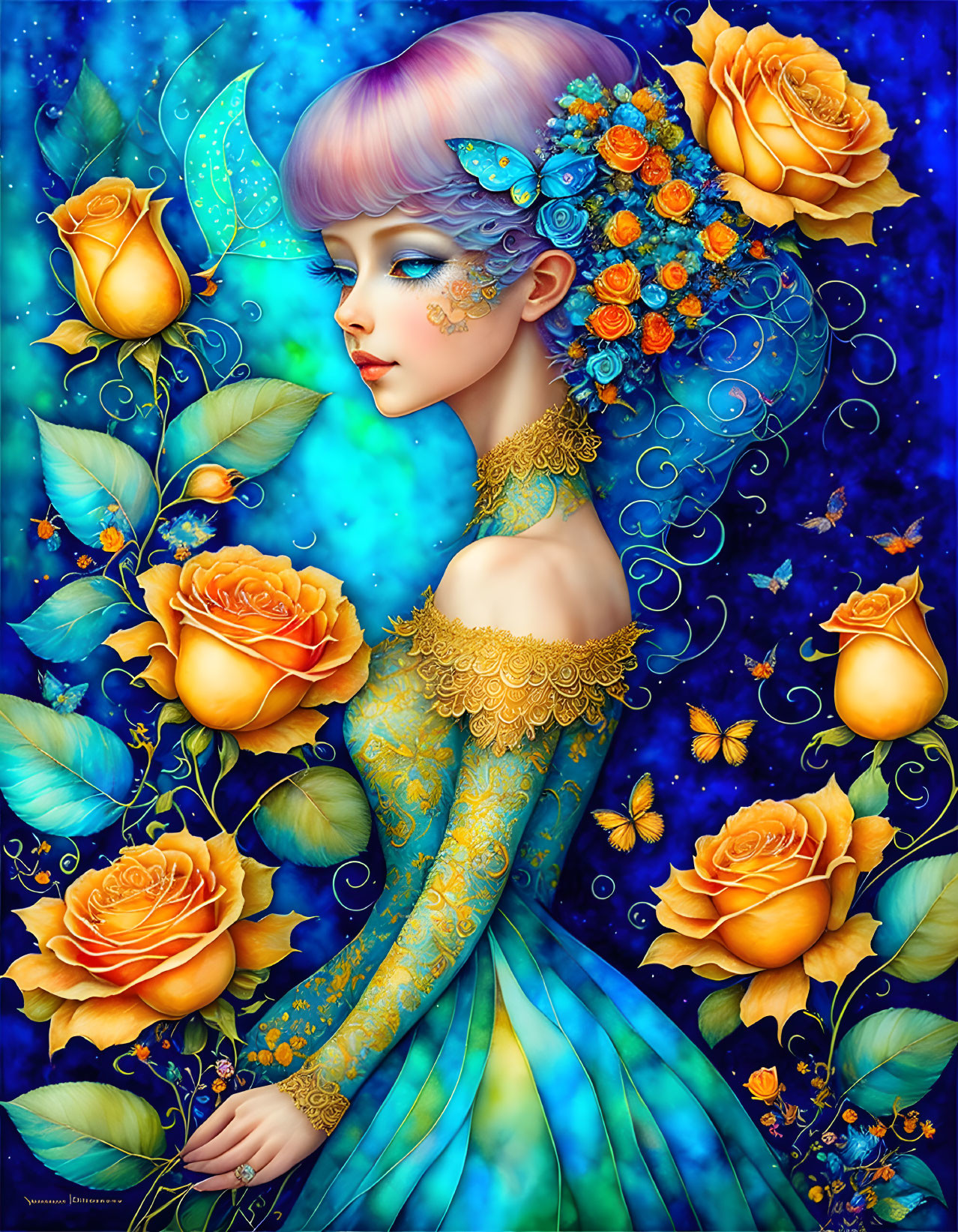 Colorful woman illustration with yellow and orange roses, blue motifs, and turquoise dress.