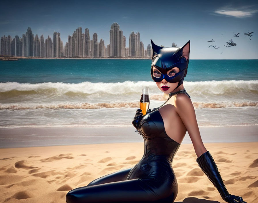 Person in Catwoman costume with glass on beach with city skyline and seagulls.