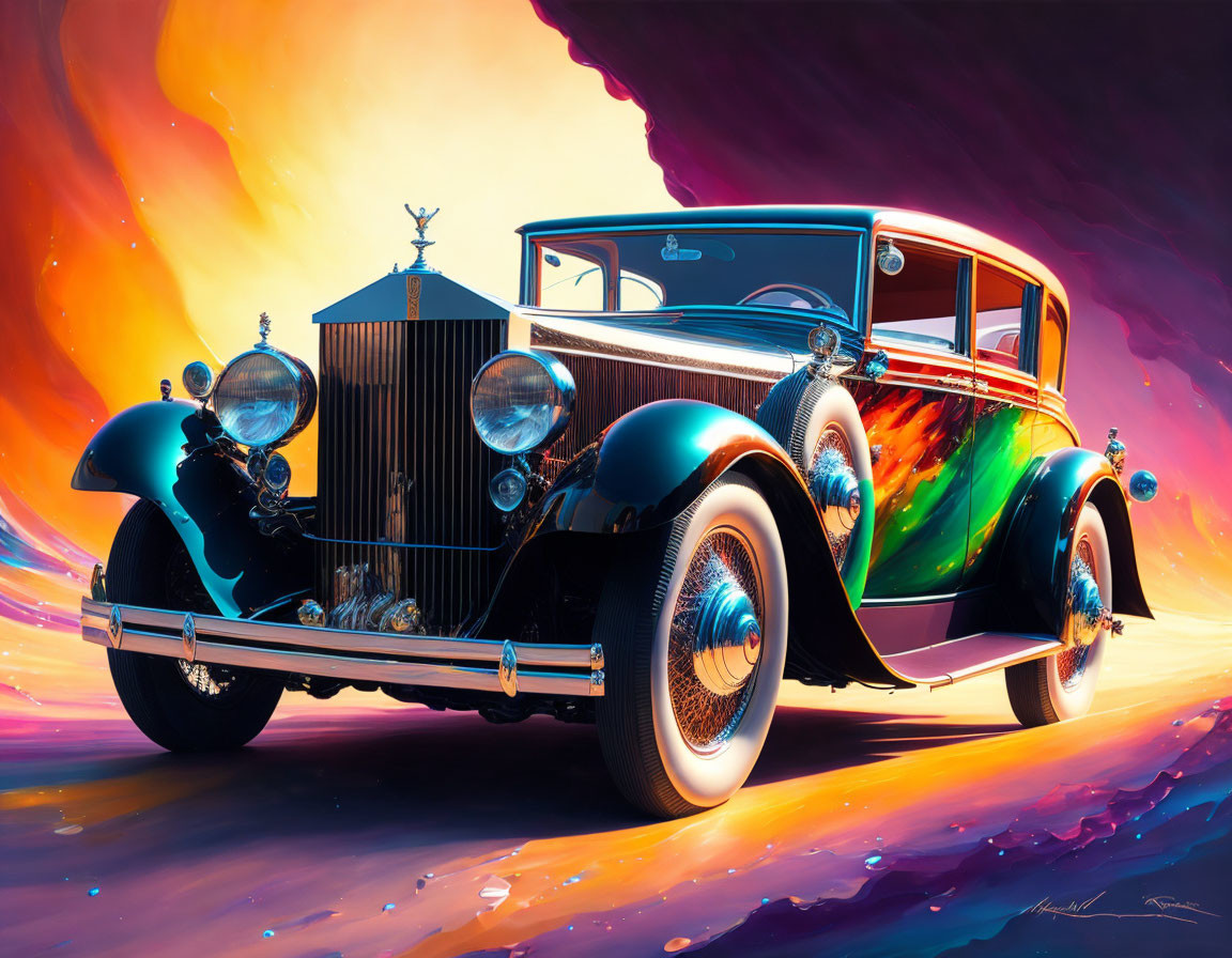 Colorful digital art: classic car with glossy finish on vibrant backdrop