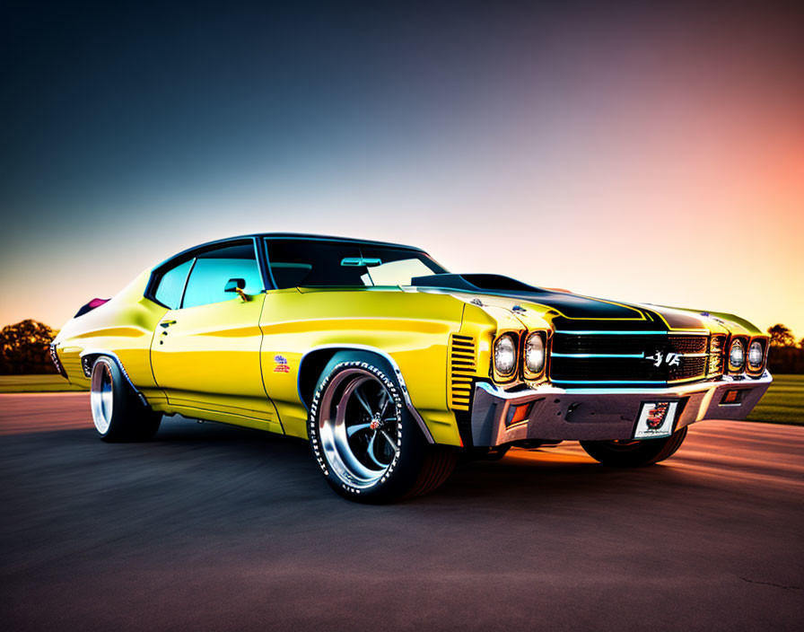 Yellow Muscle Car with White Stripes in Sunset Scene