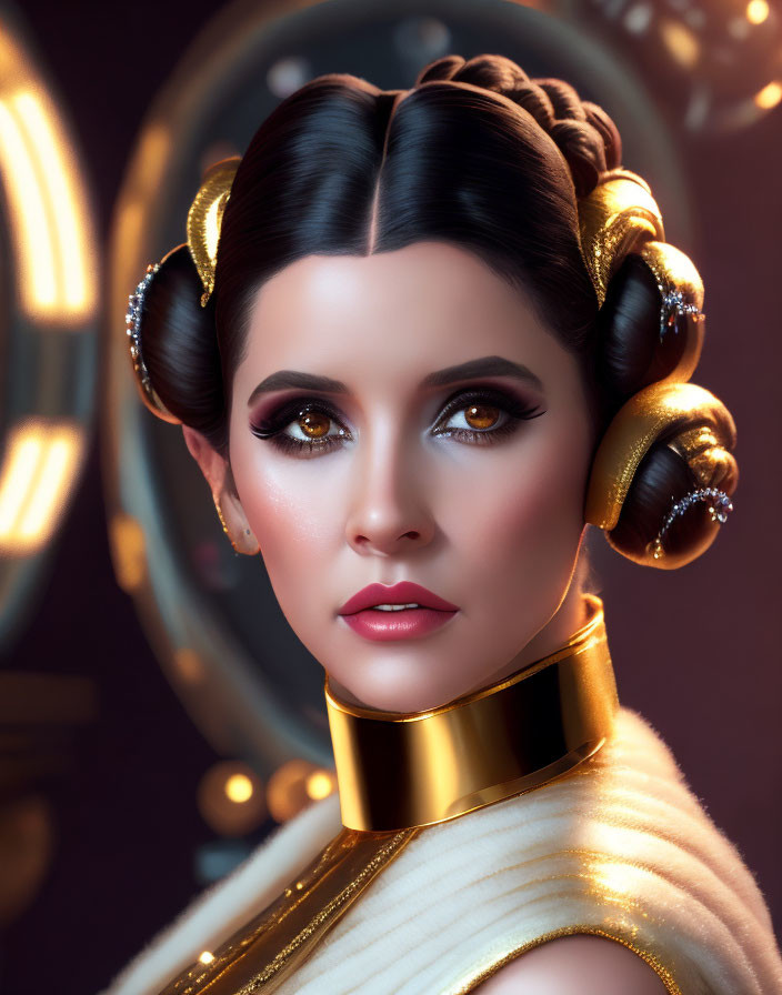 Stylized portrait of a woman with intricate coiled bun hairstyle and futuristic golden collar