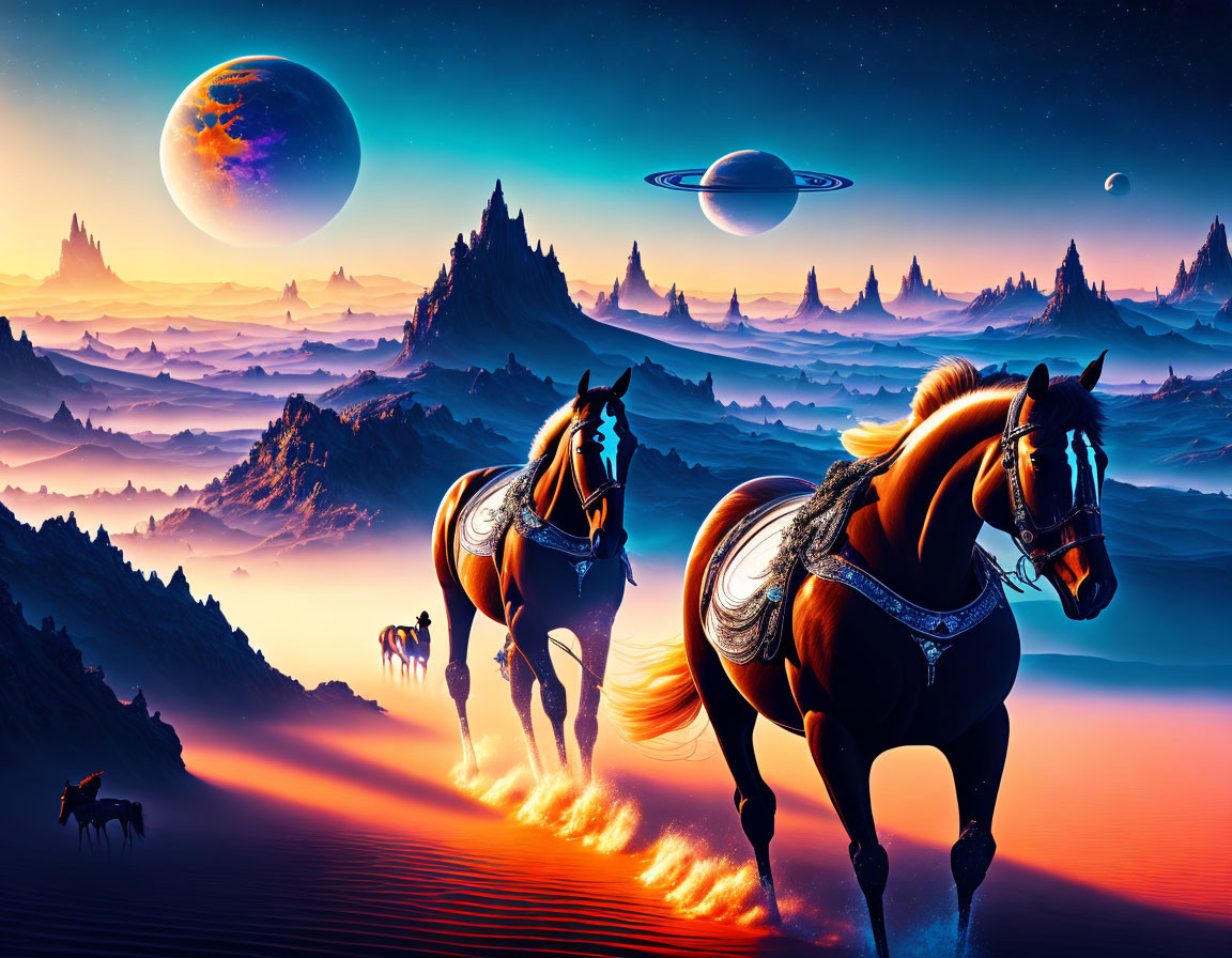 Majestic horses in ornate tack on ridge with alien planets and UFO