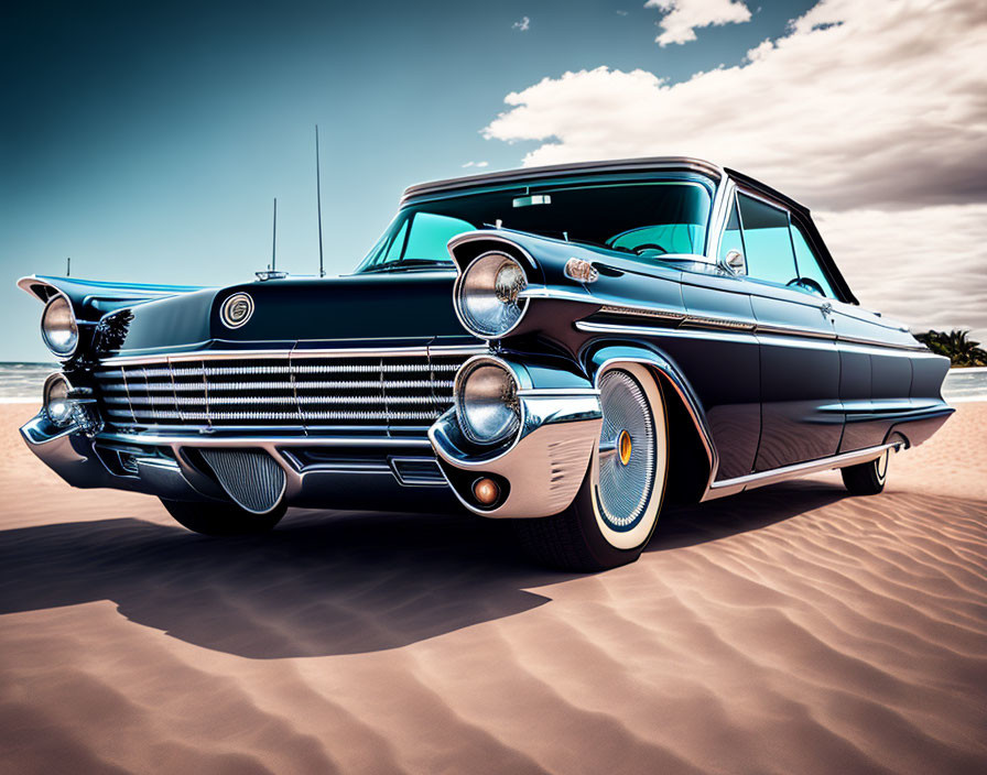 Vintage Black Car with Chrome Detailing on Sandy Beach under Blue Sky