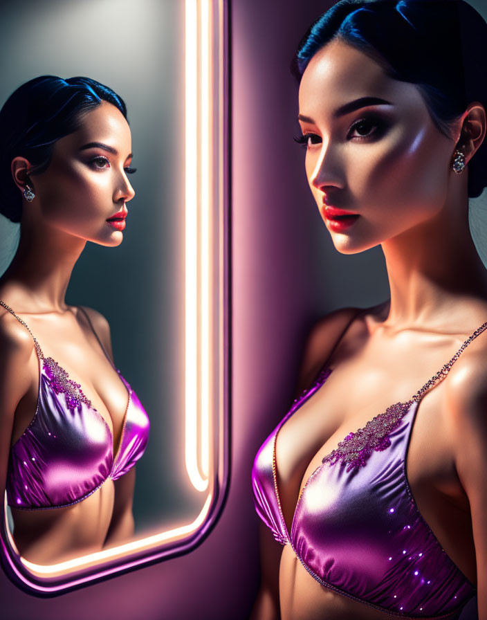 Woman in purple satin top gazes at reflection next to neon light