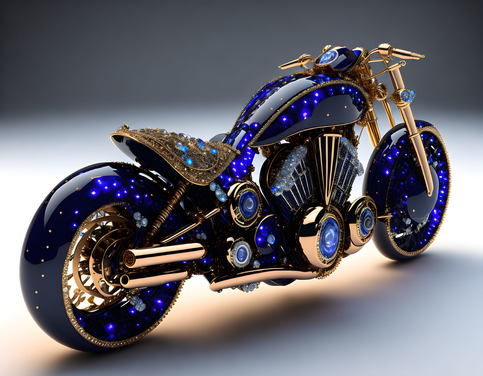 Custom Motorcycle with Gold Accents and Ornamental Designs