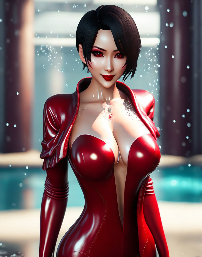 3D Rendered Female Character in Red Outfit with Black Hair