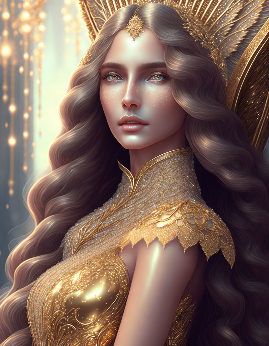 Illustrated fantasy character with flowing hair, golden crown, sparkling skin, and ethereal backdrop.