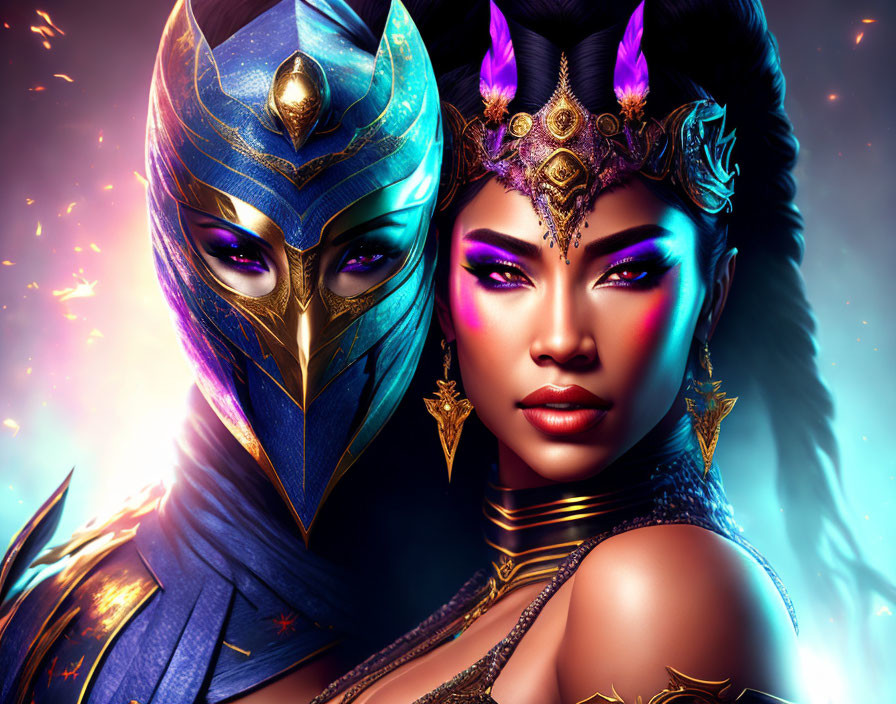 Fantasy characters in blue and gold helm and elaborate golden headgear against a sparkling backdrop