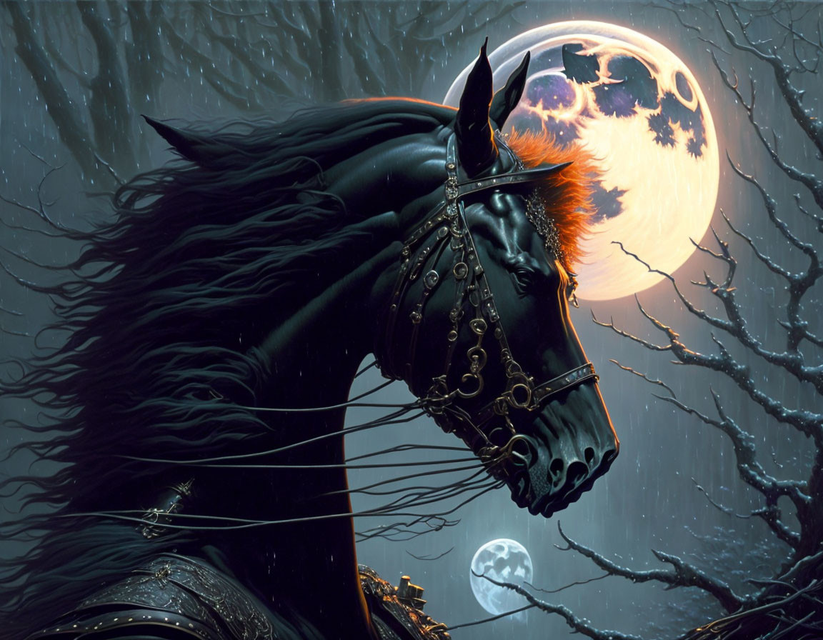 Black horse with ornate bridle under full moon and night sky among silhouetted tree branches