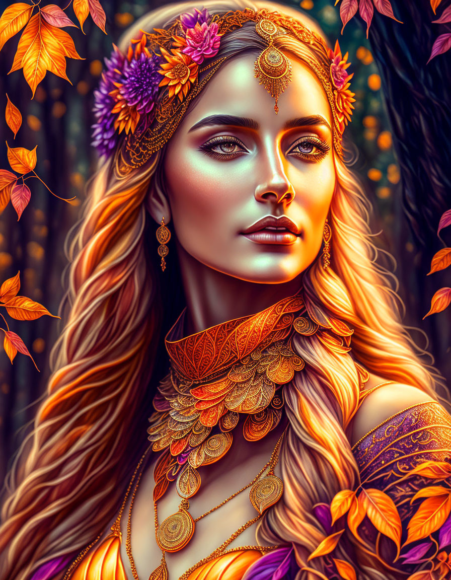 Digital Artwork: Woman with Golden Jewelry and Autumn Leaves against Autumn Trees