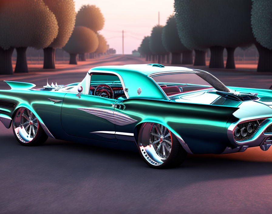 Custom turquoise car with flamboyant tail fins and white wall tires parked on road at dusk