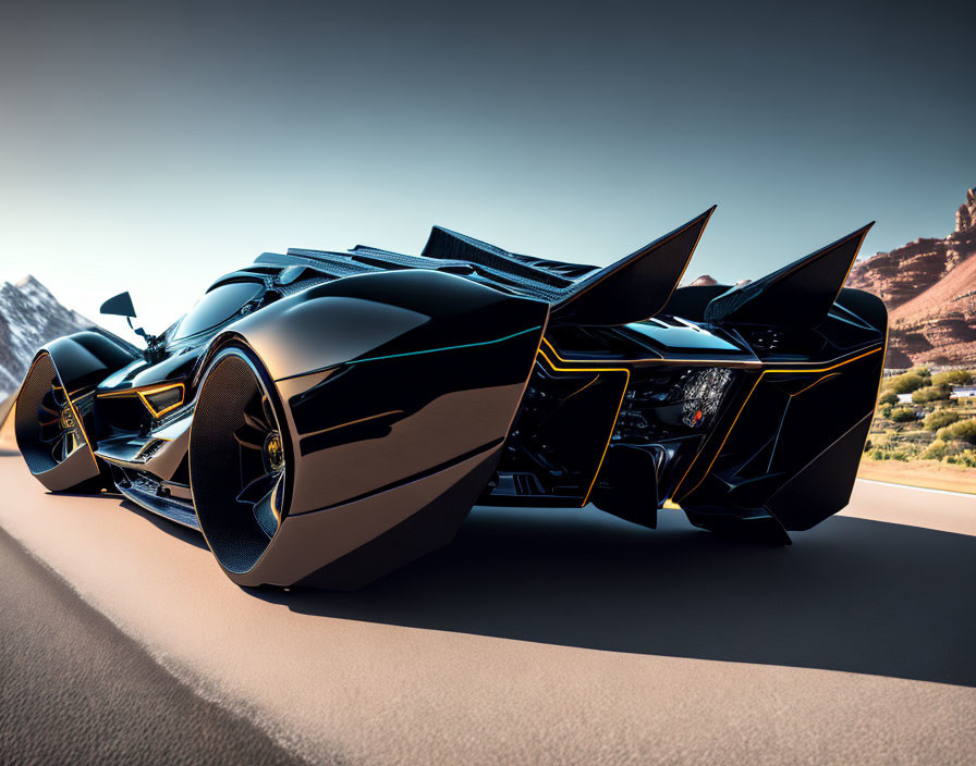 Futuristic black sports car with neon trim on mountain road