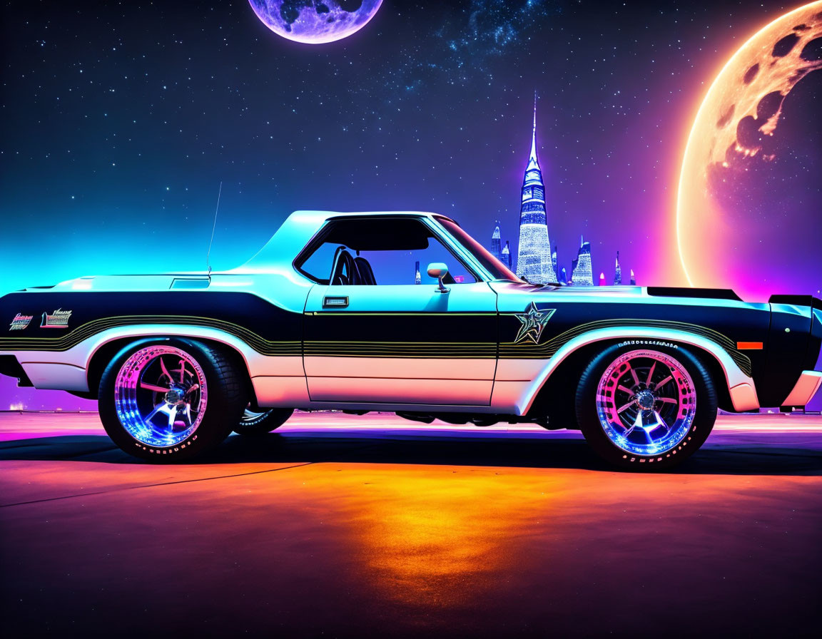 Vintage muscle car with racing stripes in futuristic cityscape