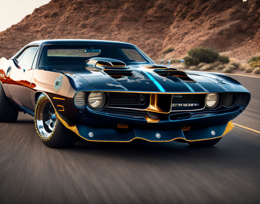 Vintage black Plymouth Barracuda with gold accents and racing stripes racing in desert.