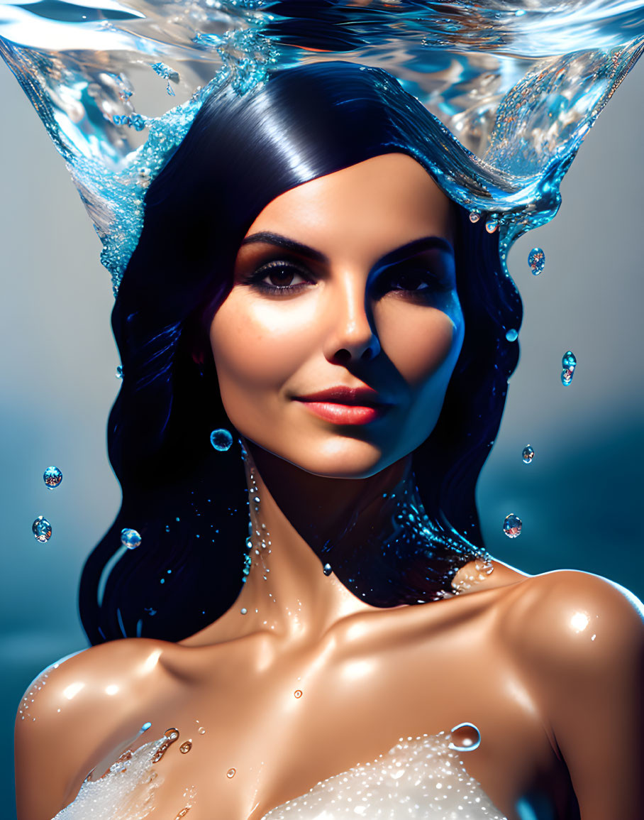 Dark-Haired Woman with Blue Liquid Crown and Suspended Droplets