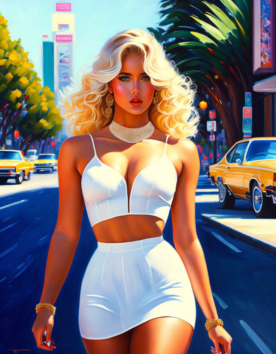 Blonde woman in white outfit with gold jewelry walking in cityscape