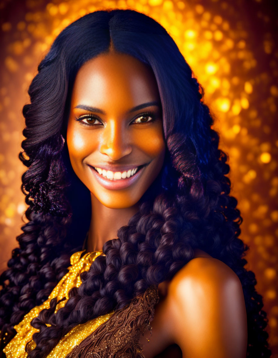 Smiling woman in golden dress with curly hair