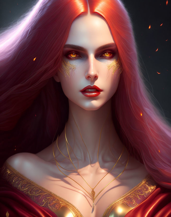 Vibrant digital portrait of woman with red hair and golden eye makeup