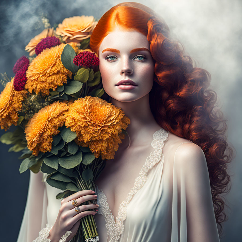 Vibrant red-haired woman with yellow and magenta flowers in misty setting