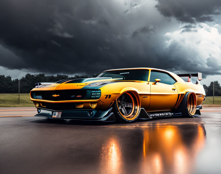 Custom Yellow and Black Chevrolet Muscle Car with Rear Wing and Custom Wheels on Stormy Background