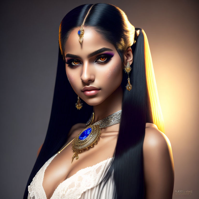 Stylized portrait of woman with striking makeup and luxurious jewelry