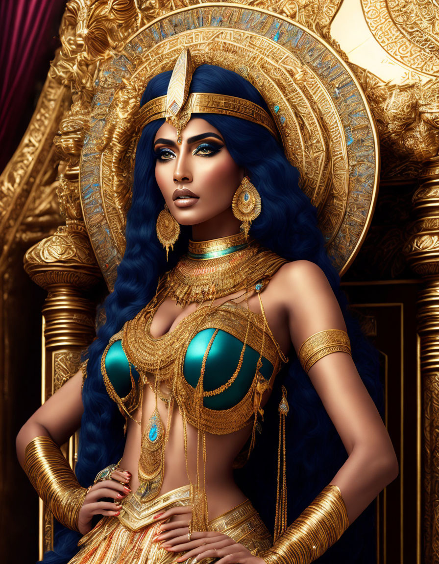 Elaborate Egyptian-style golden headdress on woman with blue hair