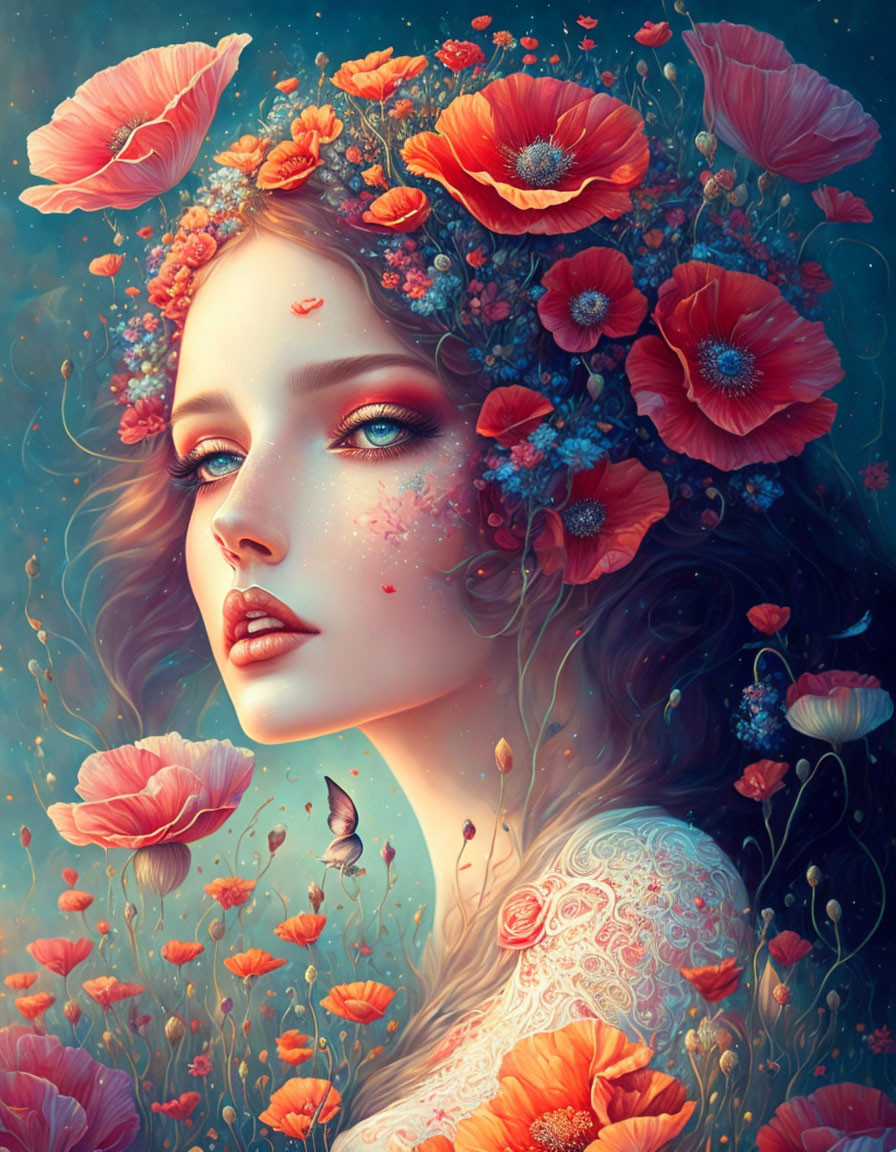 Fantastical portrait of woman with red poppies and flora in dreamlike underwater setting