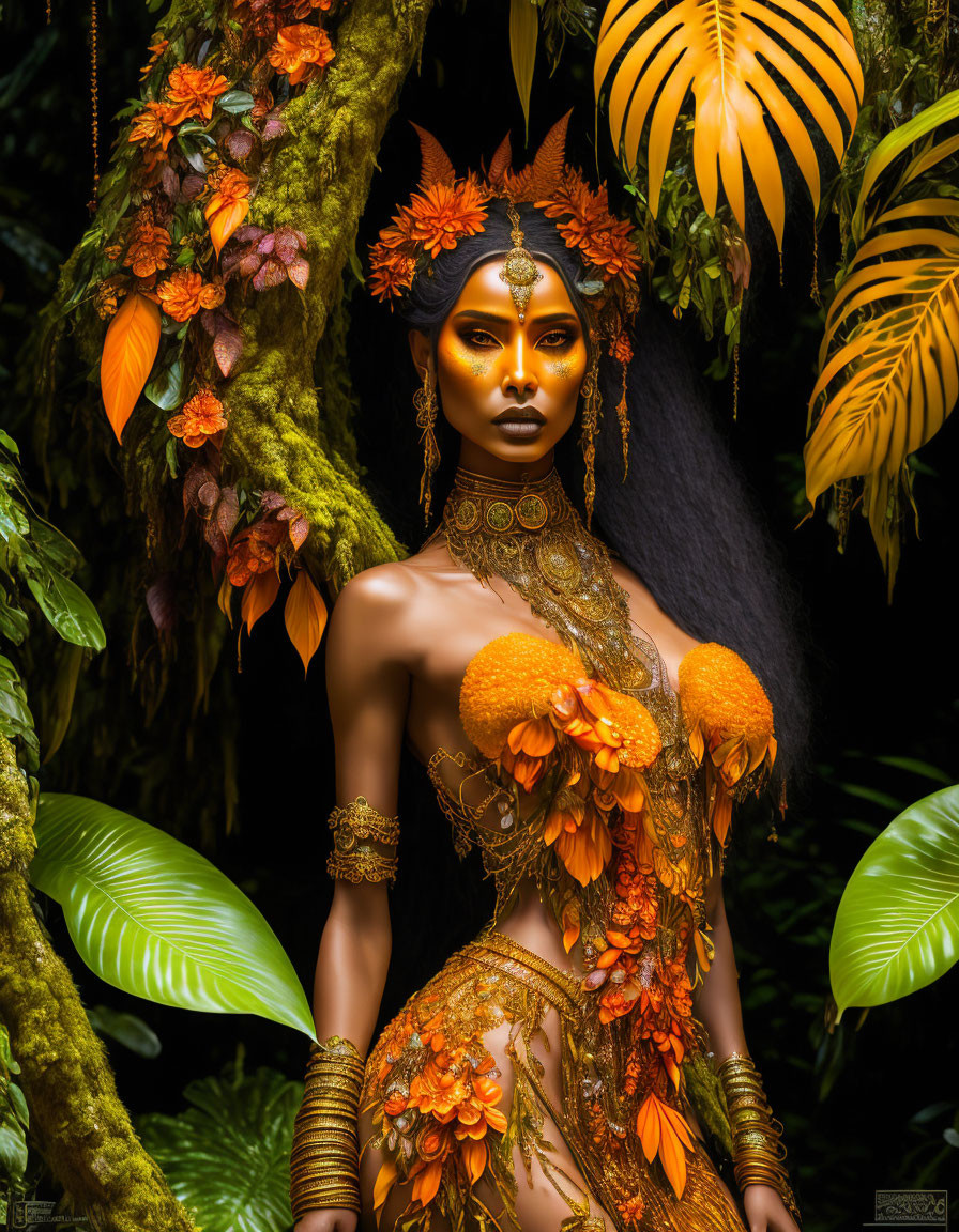 Elaborate orange-themed makeup and body art on woman in tropical setting