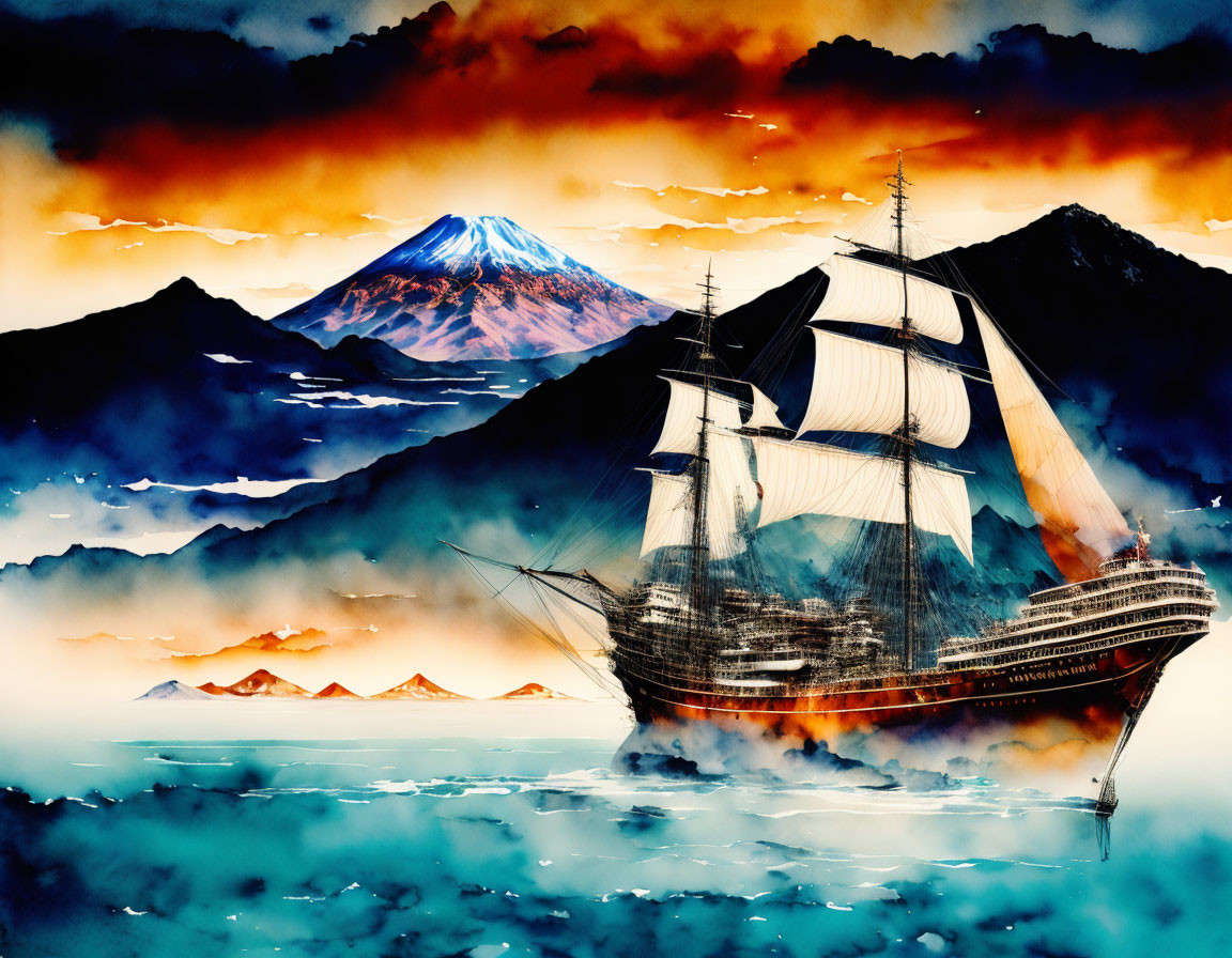 Sailing ship on misty sea with Mount Fuji under sunset sky