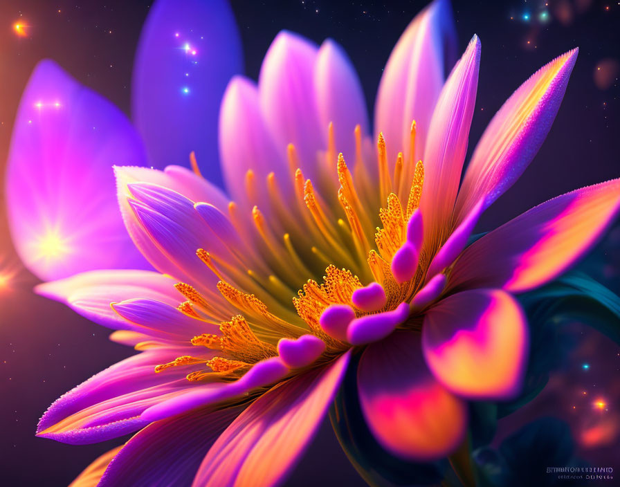 Colorful digital artwork: Blooming lotus flower with pink and purple petals on cosmic backdrop