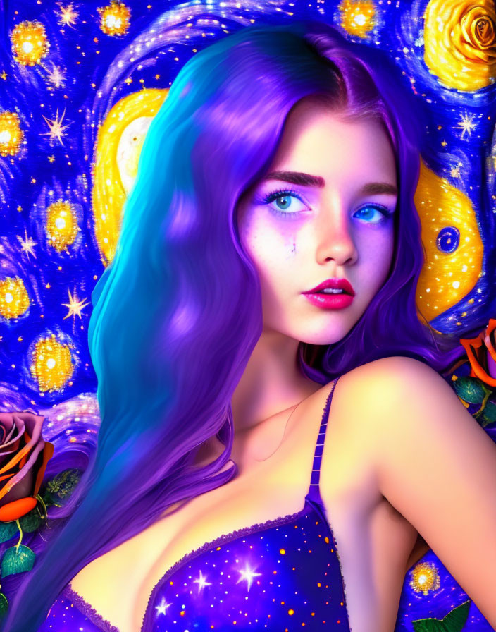 Colorful digital art portrait of a woman with blue and purple hair and cosmic background