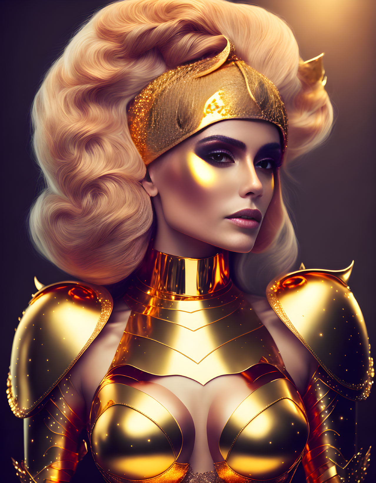 Fantasy armor costume portrait of a blonde woman with striking makeup