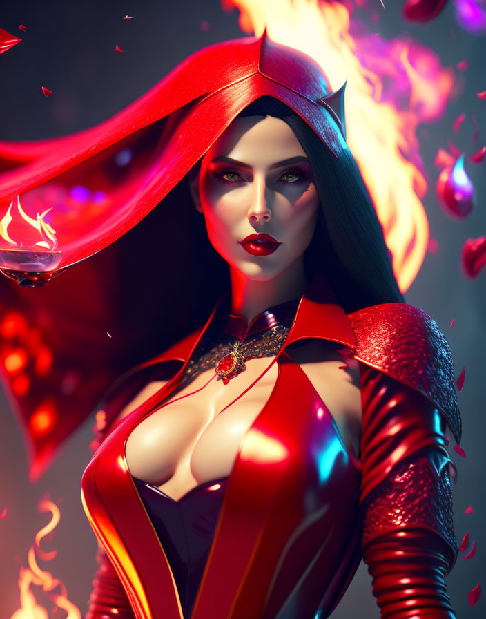 Female character in red and black attire with fiery and mystical elements