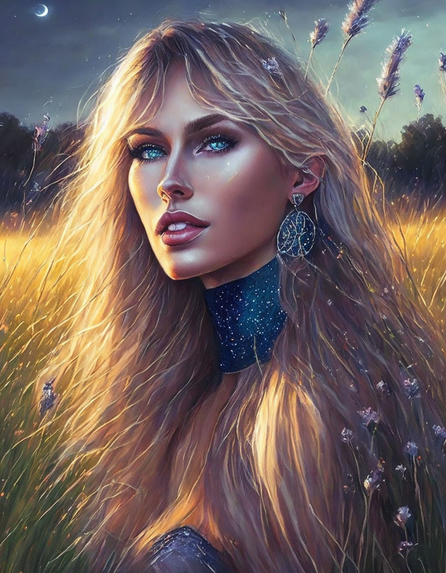 Digital portrait of woman with long blonde hair, blue eyes, glittering neck piece, twilight ambiance,