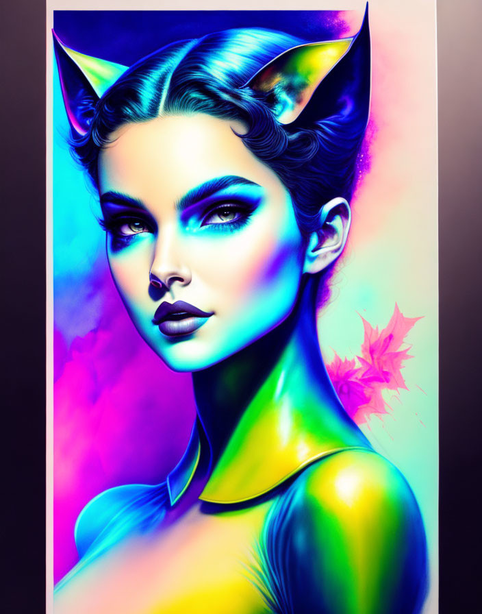 Digital artwork: Woman with cat ears, neon colors, blue eyes, leaf motif